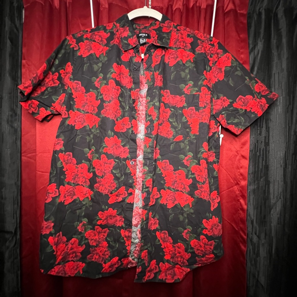 Forever 21 Black and Red Casual Button Down Shirt with Striking Pattern